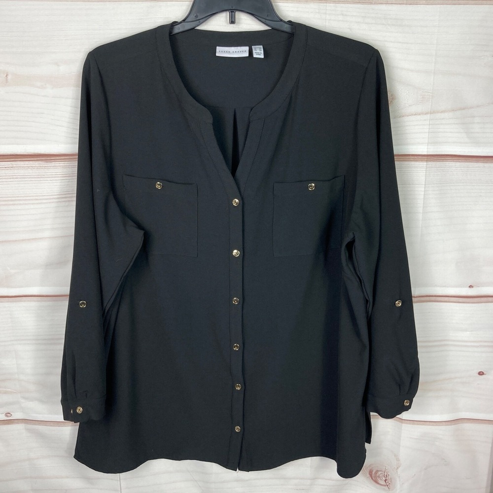 Susan Graver Top Women 24W Black Button Up Shirt Woven Stretch Tab Sleeve Pocket
